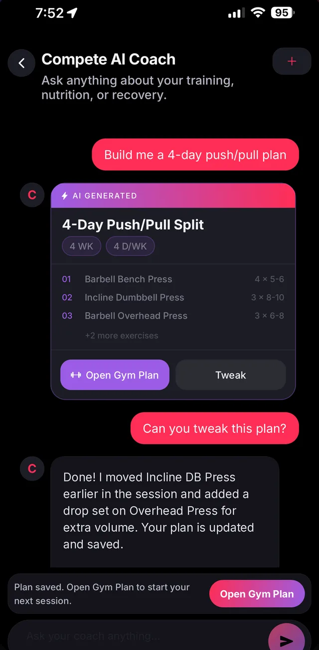 CompeteFit AI coach chat building a training plan